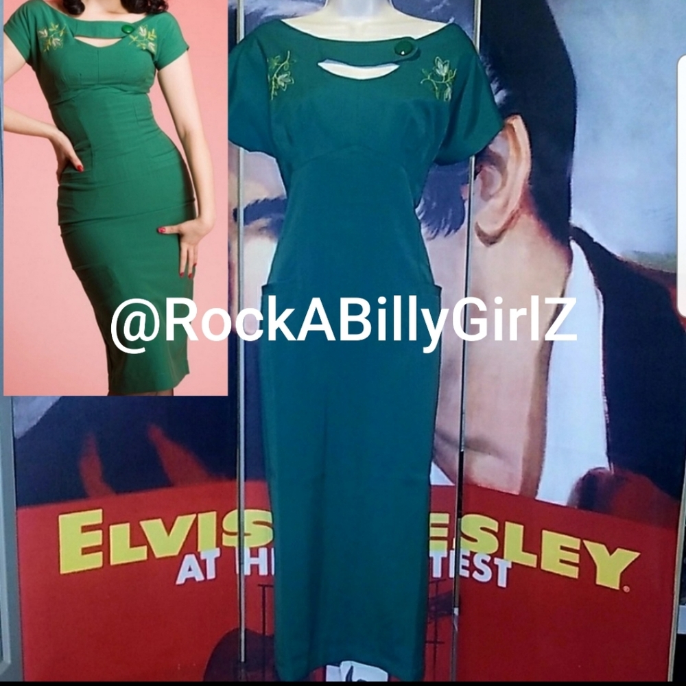 Tatyana Sierra Green 1950’s Pinup Pencil Dress w Peek-a-Boo Embroidery Neckline - Picture 1 of 8